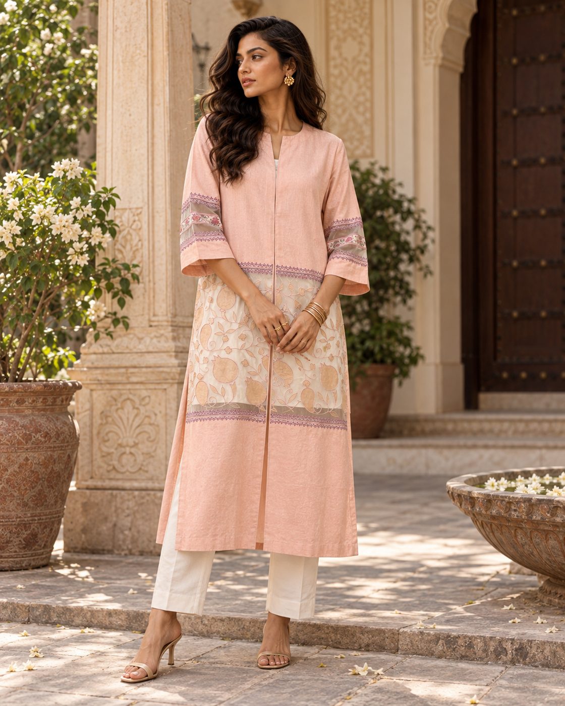 A Patraani kurta in blush linen with an ivory jacquard panel