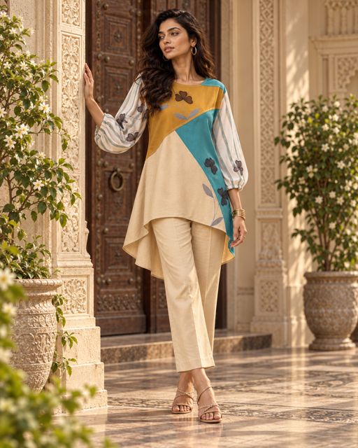 Mosaic — Colour-blocked asymmetric tunic with hand-appliquéd blooms, over straight cream trousers.