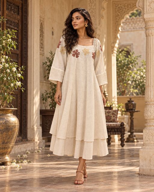 Serenade — Ivory tiered flare with square neckline and soft floral appliqué at the shoulder.