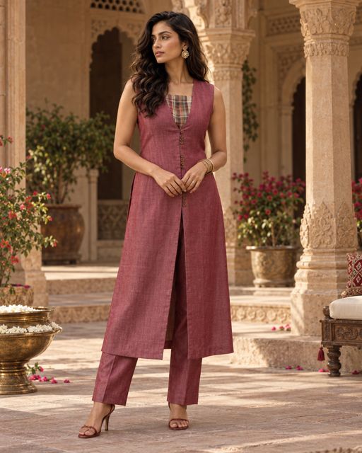 Rosewood — Rose-brown sleeveless long kurta with a plaid inset, over matching straight trousers.