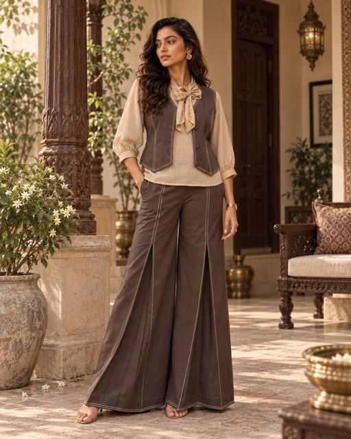 Sepia — Ivory pussy-bow blouse with a tailored cocoa waistcoat and wide panelled trousers.